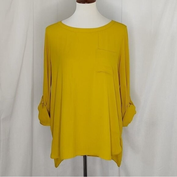 LOFT Blouse M Yellow Tab Sleeves Boat Neck Career Lightweight - Picture 2 of 7